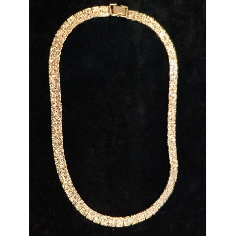 Vintage Gold Tone Flat 18" Nugget Brick Chain Collar Necklace Fold Over Clasp